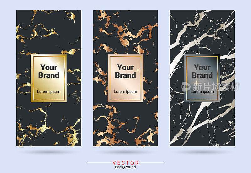 包装标签设计模板，适合奢侈品牌或高档产品大理石纹理，金箔和线性风格(Vector EPS10，完全可编辑的颜色变化)